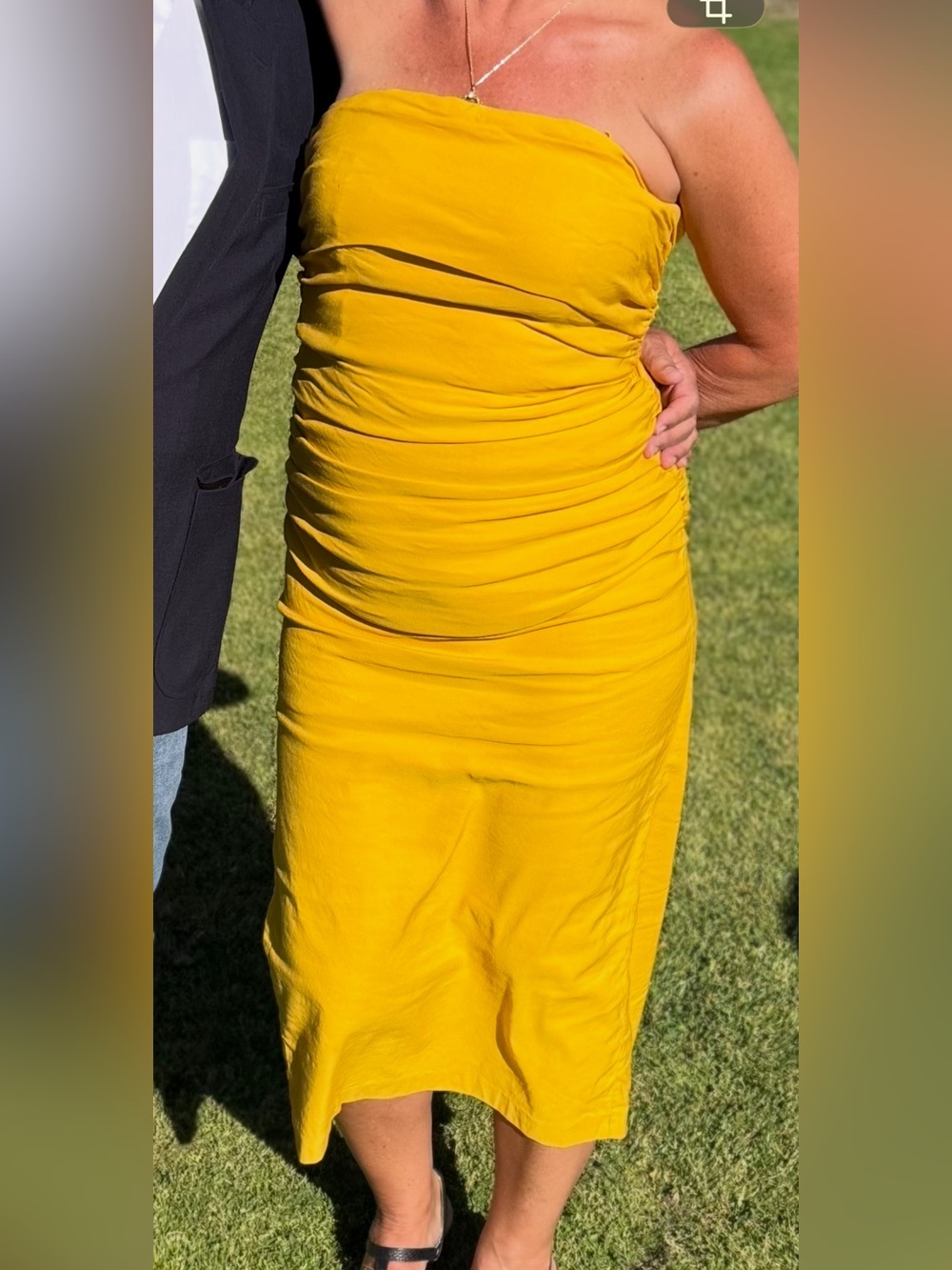 Anthropologie Bright Mustard Yellow strapless ruched dress with back slit, Sz. L